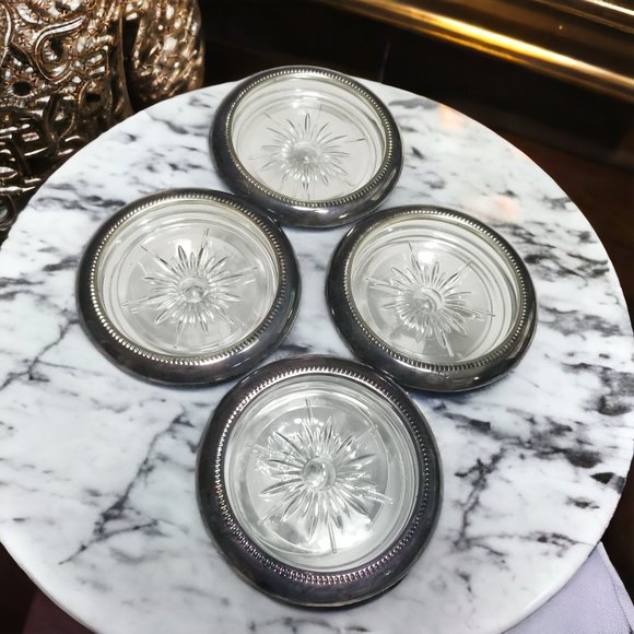 Unique Italian Genuine Crystal Silverplated Coaster by Leonard Set of-4 - Picture 3 of 6